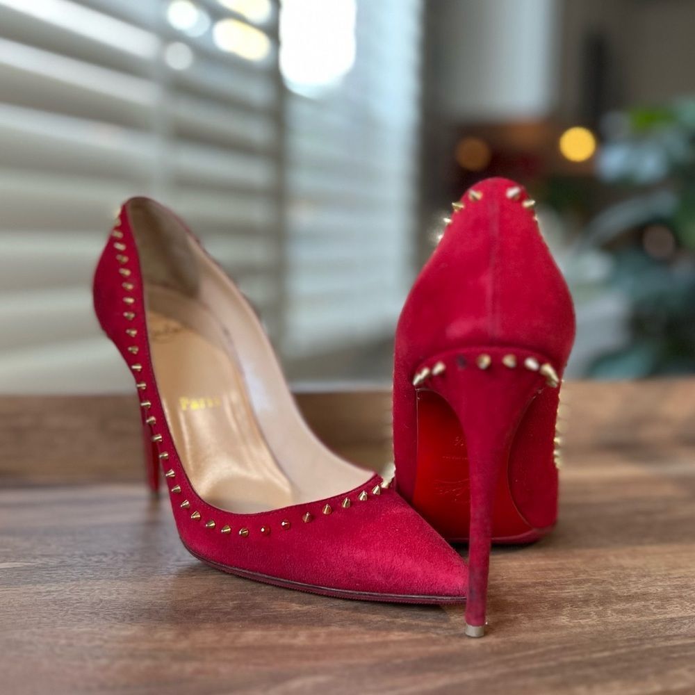 💯 AUTH Christian Louboutin Anjalina 100 pumps red in suede with gold spikes - Picture 4 of 15